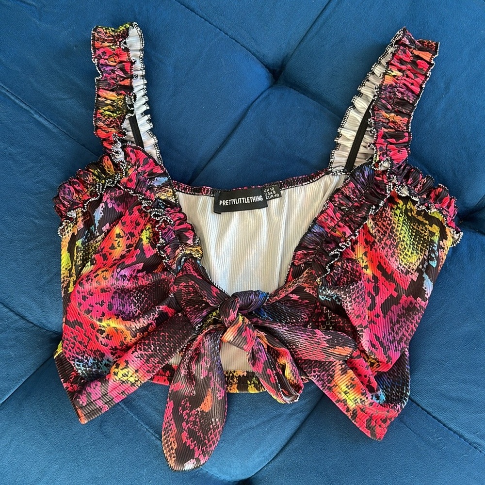PrettyLittleThing Multicolor Ruffle Tie-Front Top